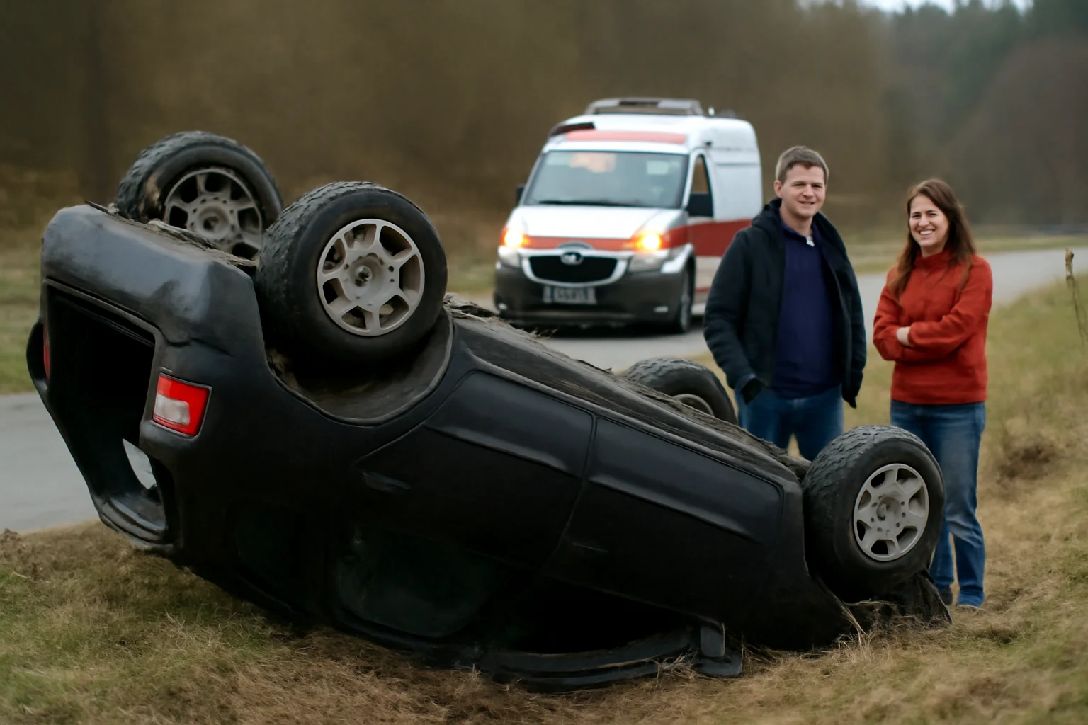 autoturism pus pe plafon, doi adulți transportați la spital