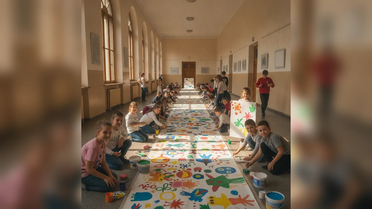 Elevii din Bistrița au creat o pictură lungă la Palatul Copiilor