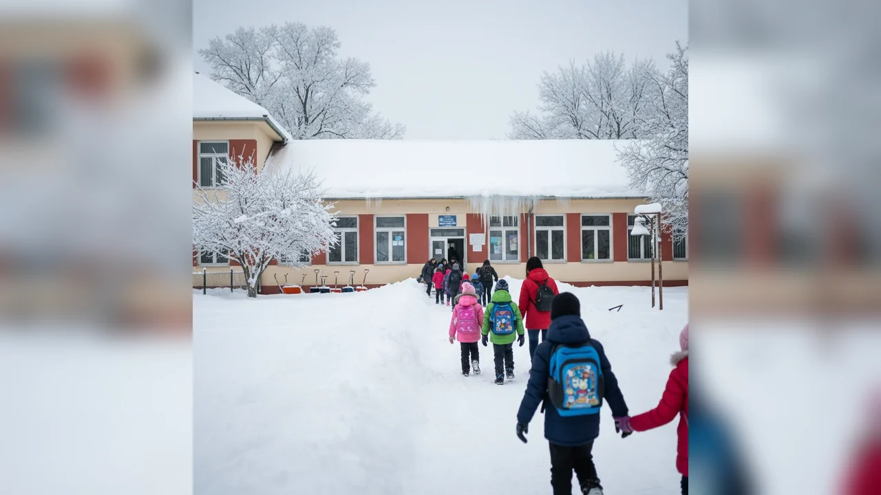 Iarnă severă la revenirea la cursuri în Bistrița: prima zi de școală sub zăpadă și viscol