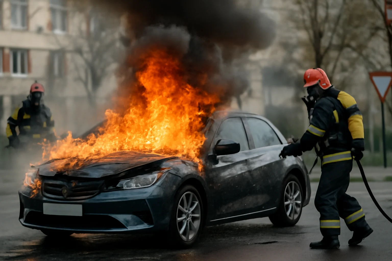 Intervenție de aproape 20 de ore la un incendiu produs la un autoturism hibrid plug-in în Bistrița