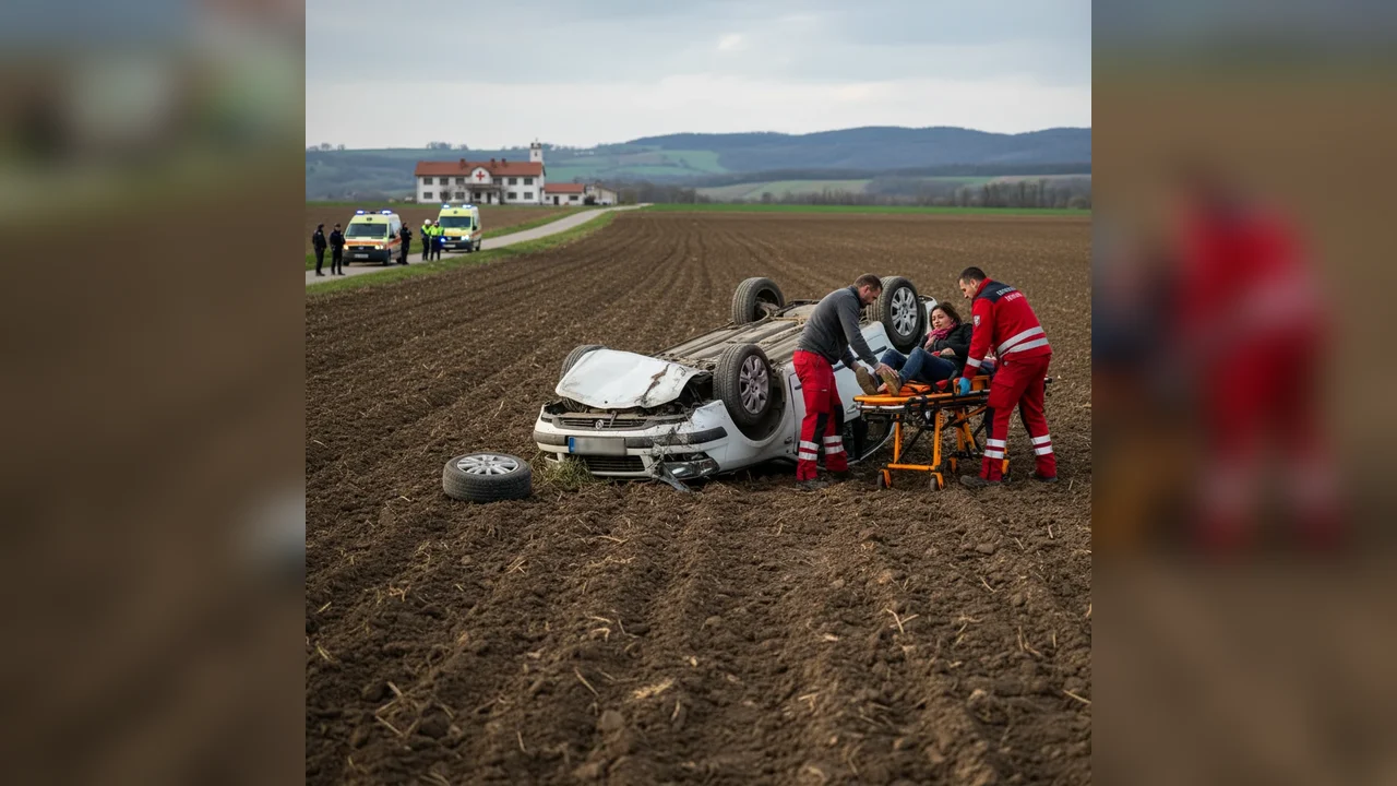 Mașină răsturnată pe câmp, două persoane transportate la spital