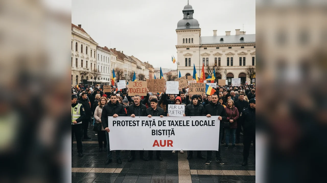 Protest față de taxele locale la Bistrița, organizat de AUR, în fața Primăriei