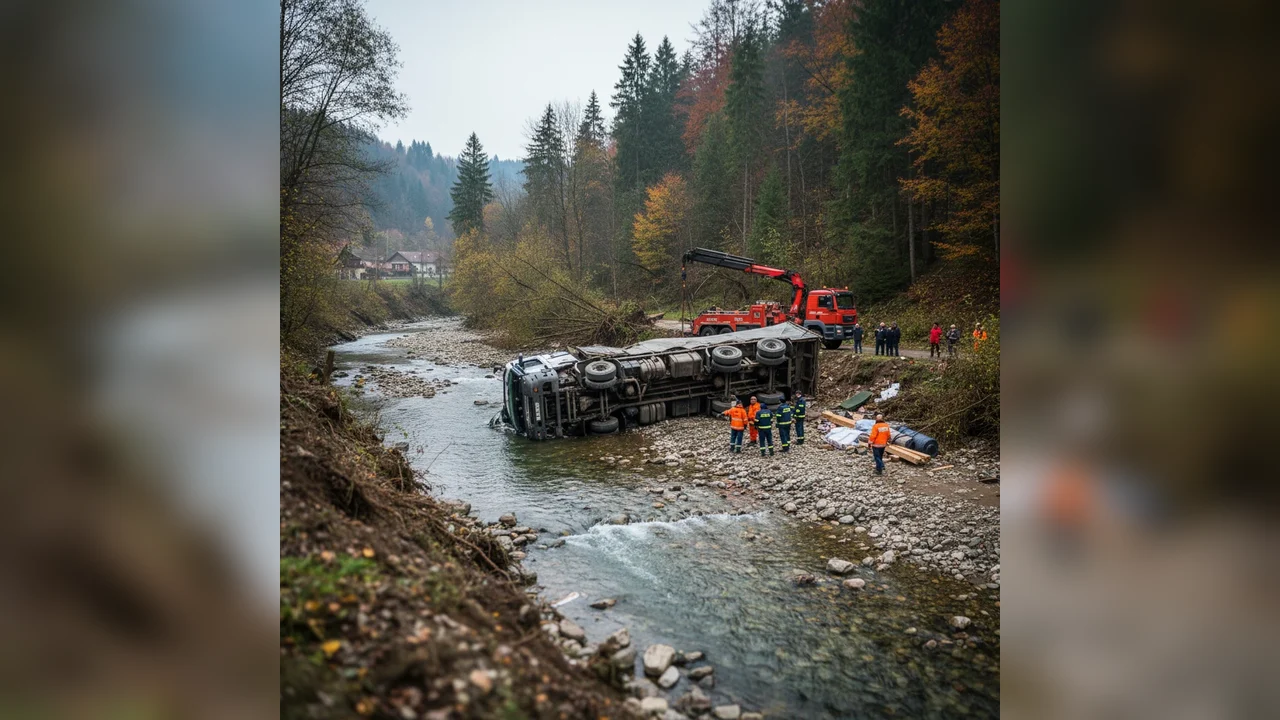 TIR răsturnat în albia râului Sălăuța între Romuli și Fiad, intervenție de urgență coordonată de la Bistrița